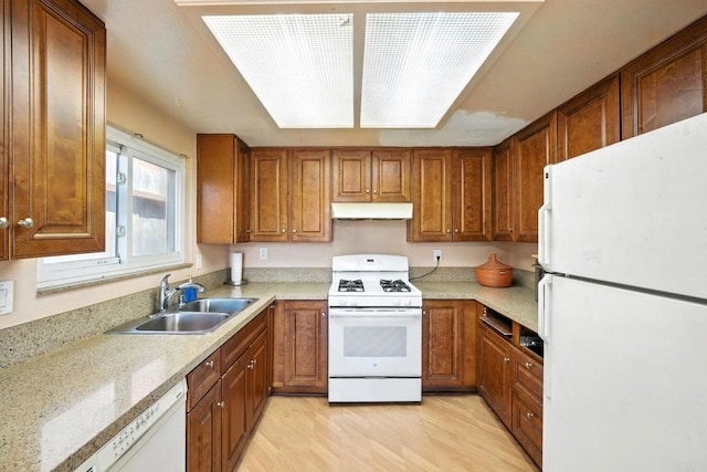 250 65th St, San Diego, CA 92114 - kitchen with white appliances, brown cabinetry, under cabinet range hood, and light wood-type flooring