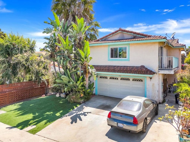 250 65th St, San Diego, CA 92114 - view of front of home with a tiled roof, concrete driveway, an attached garage, and stucco siding