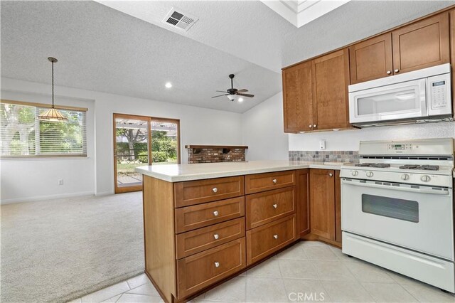2065 N Shorewood Ave, Upland, CA 91784 - kitchen featuring white appliances, brown cabinets, light colored carpet, light countertops, and a textured ceiling