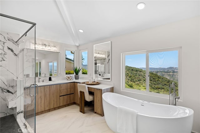 7 Sierra Vis, Laguna Niguel, CA 92677 - full bathroom featuring a marble finish shower, beamed ceiling, vanity, a soaking tub, and marble finish flooring