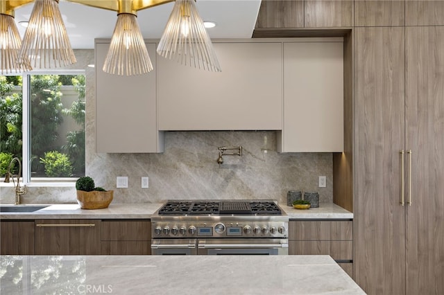 7 Sierra Vis, Laguna Niguel, CA 92677 - kitchen with modern cabinets, range with two ovens, decorative backsplash, and brown cabinetry