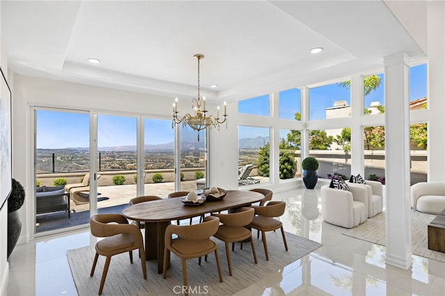 7 Sierra Vis, Laguna Niguel, CA 92677 - dining space featuring a raised ceiling, a chandelier, a mountain view, and recessed lighting