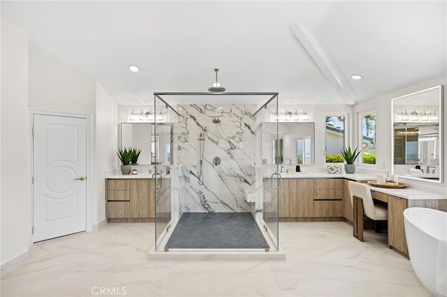 7 Sierra Vis, Laguna Niguel, CA 92677 - bathroom with a marble finish shower, marble finish floors, vanity, and recessed lighting