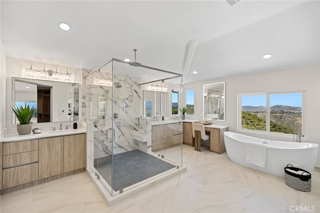 7 Sierra Vis, Laguna Niguel, CA 92677 - full bath with marble finish flooring, a marble finish shower, vanity, a soaking tub, and recessed lighting