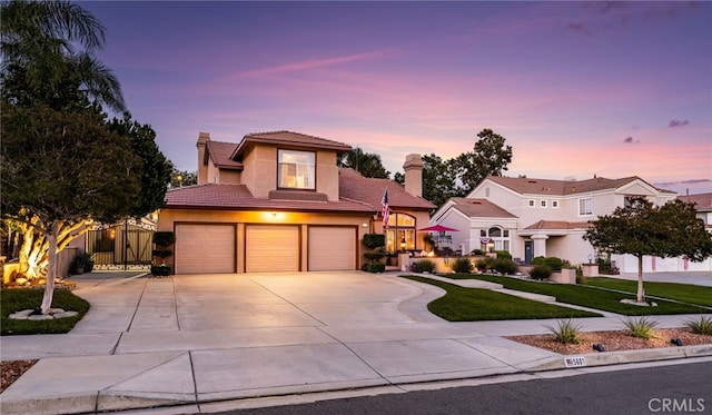 5601 Crestline Pl, Rancho Cucamonga, CA 91739 - view of front of property featuring a tile roof, stucco siding, a chimney, an attached garage, and concrete driveway