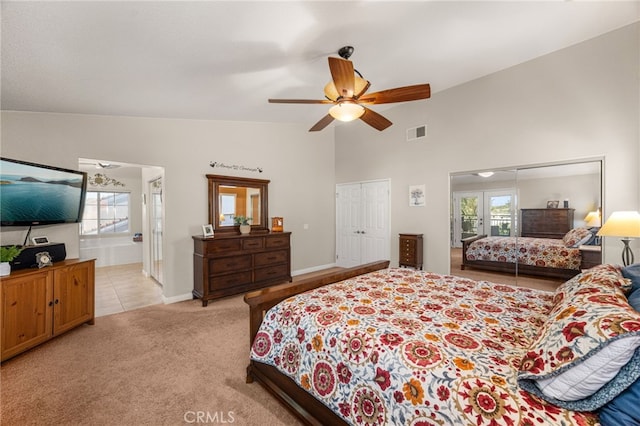 5601 Crestline Pl, Rancho Cucamonga, CA 91739 - bedroom featuring light carpet, ceiling fan, and high vaulted ceiling