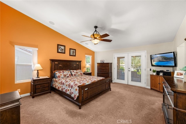 5601 Crestline Pl, Rancho Cucamonga, CA 91739 - bedroom featuring french doors, access to exterior, vaulted ceiling, light colored carpet, and a ceiling fan