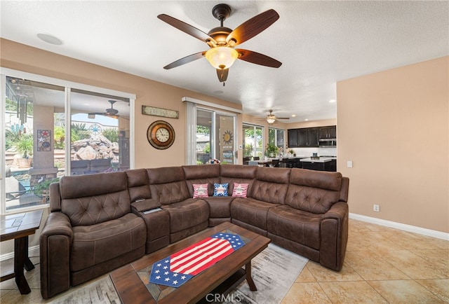5601 Crestline Pl, Rancho Cucamonga, CA 91739 - living room with ceiling fan and light tile patterned floors