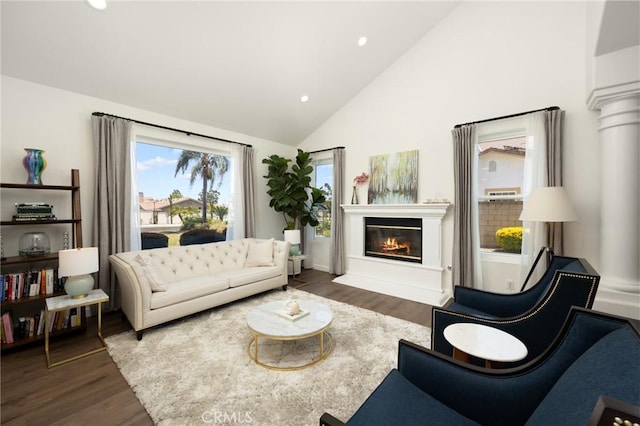 5914 Johnston Pl, Rancho Cucamonga, CA 91739 - living room with recessed lighting, wood finished floors, a glass covered fireplace, and high vaulted ceiling