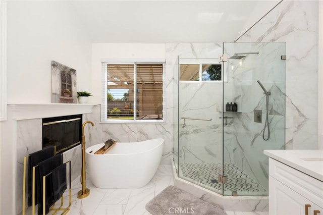 5914 Johnston Pl, Rancho Cucamonga, CA 91739 - bathroom with a fireplace, vanity, a marble finish shower, a soaking tub, and marble tiled floors