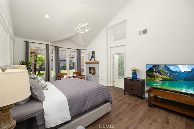 5914 Johnston Pl, Rancho Cucamonga, CA 91739 - bedroom with a chandelier, wood finished floors, a high end fireplace, ensuite bath, and high vaulted ceiling
