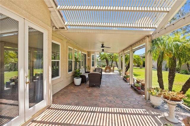 5914 Johnston Pl, Rancho Cucamonga, CA 91739 - view of patio / terrace with french doors, a ceiling fan, and a pergola