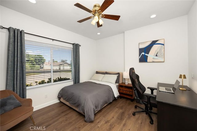 5914 Johnston Pl, Rancho Cucamonga, CA 91739 - bedroom with wood finished floors, recessed lighting, an office area, and a ceiling fan