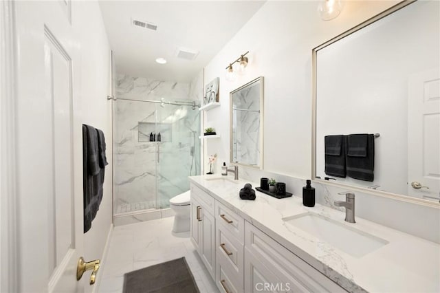 5914 Johnston Pl, Rancho Cucamonga, CA 91739 - bathroom with marble look tile flooring, a marble finish shower, double vanity, and recessed lighting