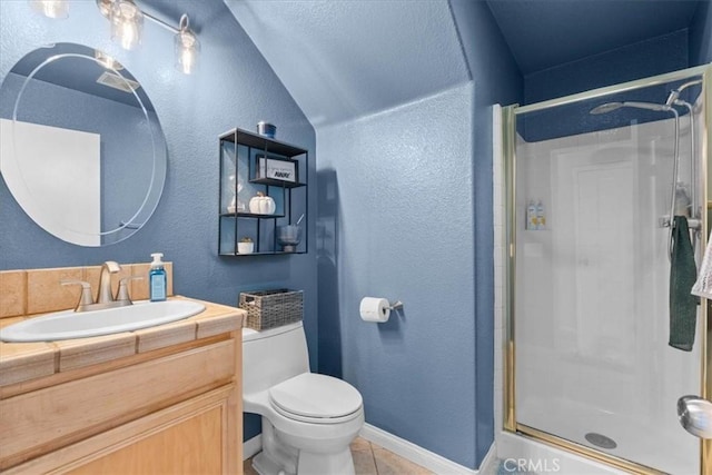 11868 Bunker Hill Dr, Rancho Cucamonga, CA 91730 - full bathroom with a stall shower, vanity, tile patterned floors, and a textured wall