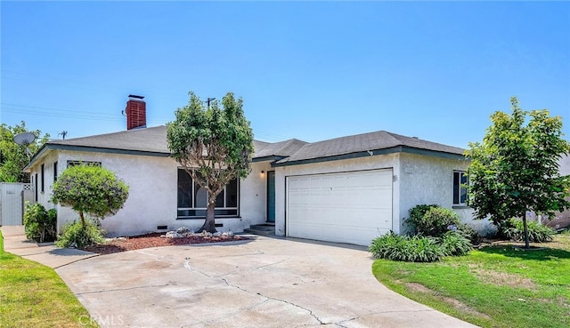 1014 W 185th St, Gardena, CA 90248 - ranch-style home featuring an attached garage, stucco siding, concrete driveway, a chimney, and a front lawn