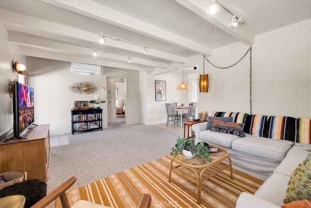 7638 Dumosa Ave, Yucca Valley, CA 92284 - living room with a wall unit AC, track lighting, light colored carpet, and beamed ceiling