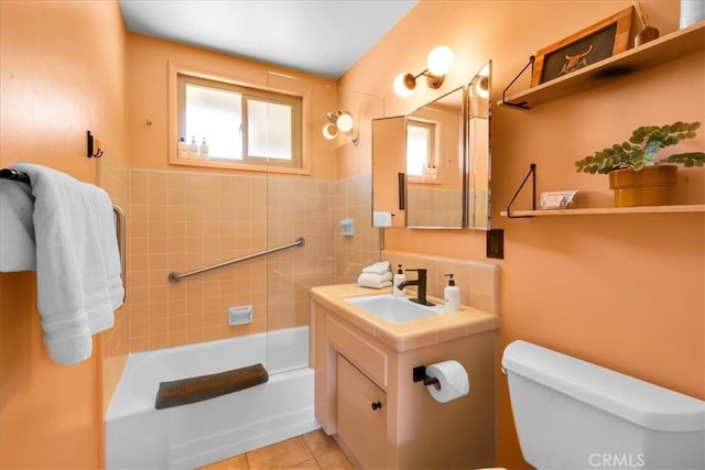 7638 Dumosa Ave, Yucca Valley, CA 92284 - bathroom with vanity, bathing tub / shower combination, and tile patterned floors