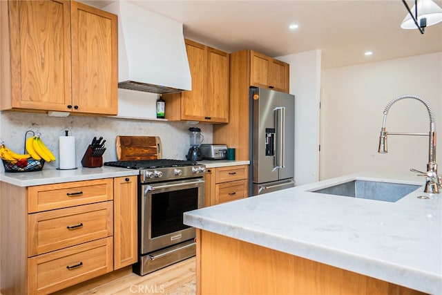 9140 Garden St, Rancho Cucamonga, CA 91701 - kitchen featuring appliances with stainless steel finishes, premium range hood, tasteful backsplash, light wood-style floors, and recessed lighting