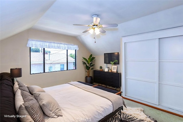 14836 Rayfield Dr, La Mirada, CA 90638 - bedroom featuring lofted ceiling, carpet floors, a ceiling fan, and a closet