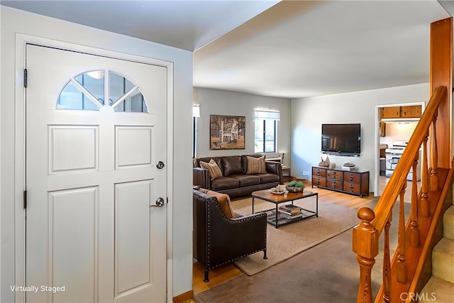 14836 Rayfield Dr, La Mirada, CA 90638 - living area featuring stairs and wood finished floors