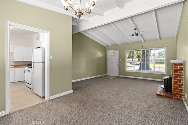 2344 Porter Way, Chico, CA 95926 - unfurnished living room featuring a wood stove, light colored carpet, a chandelier, and ceiling fan