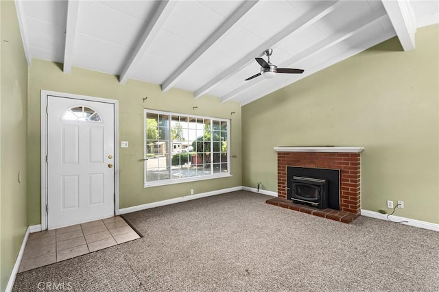 2344 Porter Way, Chico, CA 95926 - unfurnished living room featuring a wood stove, carpet flooring, and ceiling fan