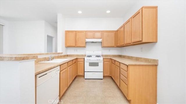 10375 Church St Unit 74, Rancho Cucamonga, CA 91730 - kitchen featuring white appliances, under cabinet range hood, light brown cabinets, a peninsula, and light countertops