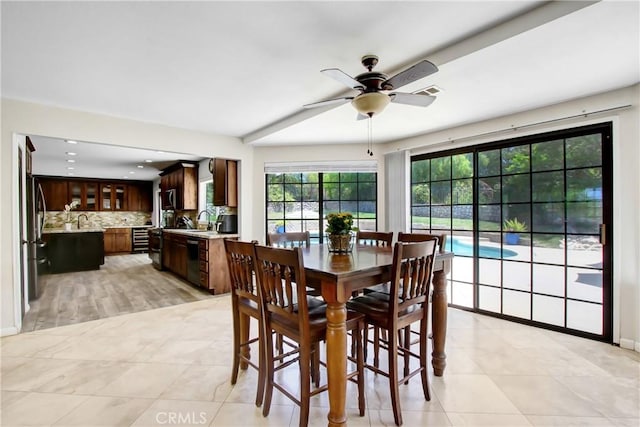 17321 Sunset View Dr, Riverside, CA 92504 - dining room with a ceiling fan, light tile patterned flooring, and recessed lighting