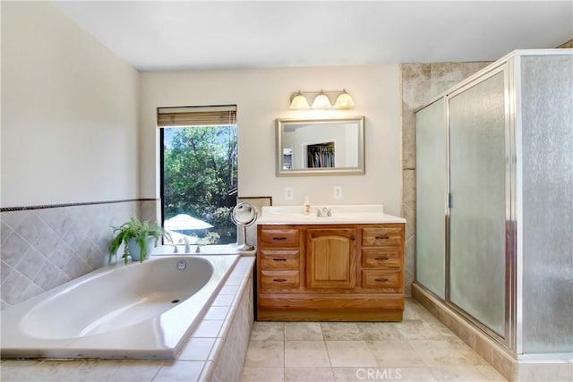 17321 Sunset View Dr, Riverside, CA 92504 - bathroom featuring vanity, a stall shower, a garden tub, and tile patterned floors