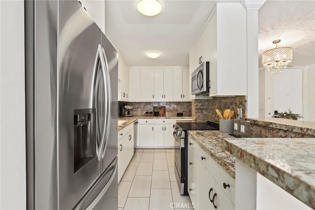 6542 Ocean Crest Dr Unit B208, Rancho Palos Verdes, CA 90275 - kitchen featuring appliances with stainless steel finishes, decorative backsplash, light tile patterned flooring, white cabinets, and a chandelier