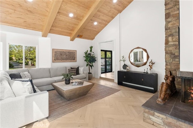 19022 Shamrock Ln, Yorba Linda, CA 92886 - living area with a wood ceiling with exposed beams, high vaulted ceiling, healthy amount of natural light, recessed lighting, and a fireplace