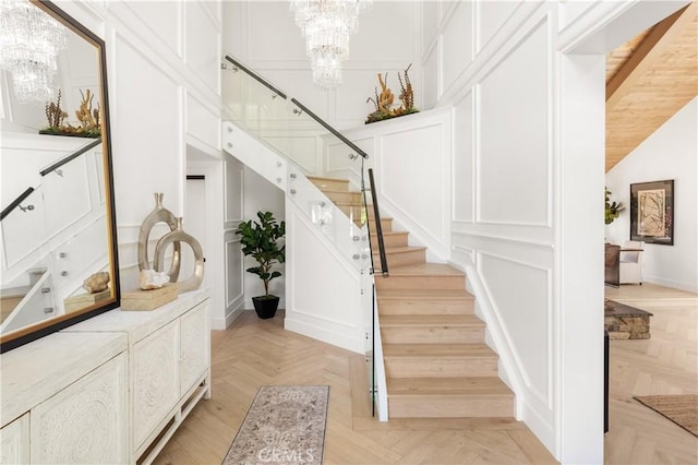 19022 Shamrock Ln, Yorba Linda, CA 92886 - stairway with a chandelier and a decorative wall