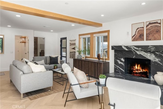 19022 Shamrock Ln, Yorba Linda, CA 92886 - living area with recessed lighting, a high end fireplace, and beamed ceiling