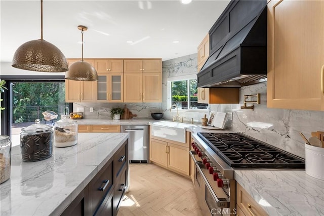 19022 Shamrock Ln, Yorba Linda, CA 92886 - kitchen with appliances with stainless steel finishes, ventilation hood, light brown cabinetry, tasteful backsplash, and glass insert cabinets
