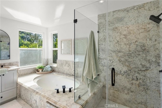 19022 Shamrock Ln, Yorba Linda, CA 92886 - bathroom featuring plenty of natural light, vanity, and a marble finish shower