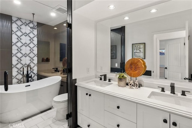 19022 Shamrock Ln, Yorba Linda, CA 92886 - full bath featuring double vanity, a soaking tub, recessed lighting, and an enclosed shower