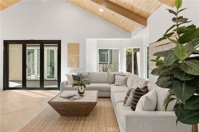 19022 Shamrock Ln, Yorba Linda, CA 92886 - living area featuring high vaulted ceiling, recessed lighting, and a wood ceiling with exposed beams