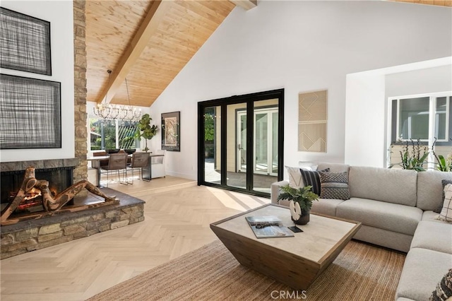 19022 Shamrock Ln, Yorba Linda, CA 92886 - living room with high vaulted ceiling, a chandelier, and a wood ceiling with exposed beams