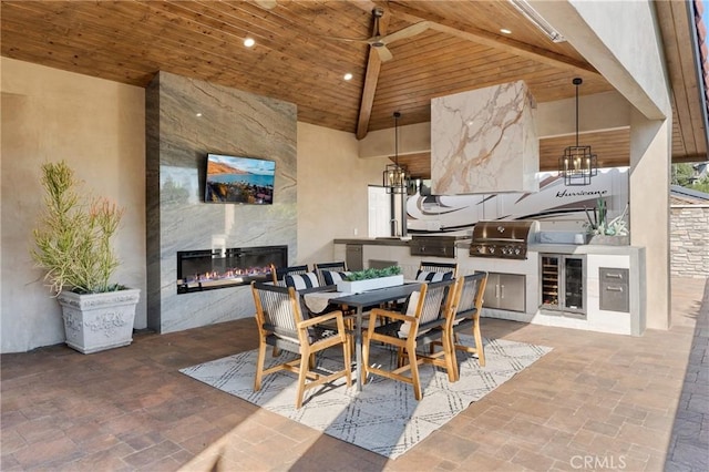 19022 Shamrock Ln, Yorba Linda, CA 92886 - dining room with stone tile flooring, a large fireplace, high vaulted ceiling, wood ceiling, and a ceiling fan