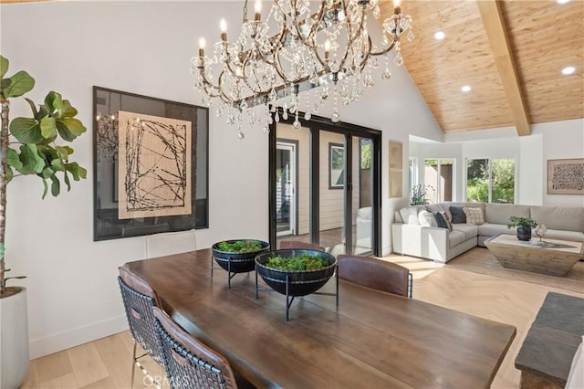 19022 Shamrock Ln, Yorba Linda, CA 92886 - dining space featuring a chandelier, high vaulted ceiling, recessed lighting, a wood ceiling with exposed beams, and parquet floors