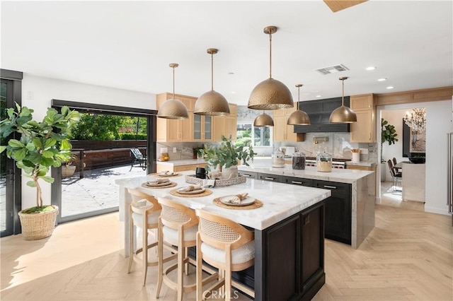 19022 Shamrock Ln, Yorba Linda, CA 92886 - kitchen with a kitchen island, backsplash, recessed lighting, and plenty of natural light