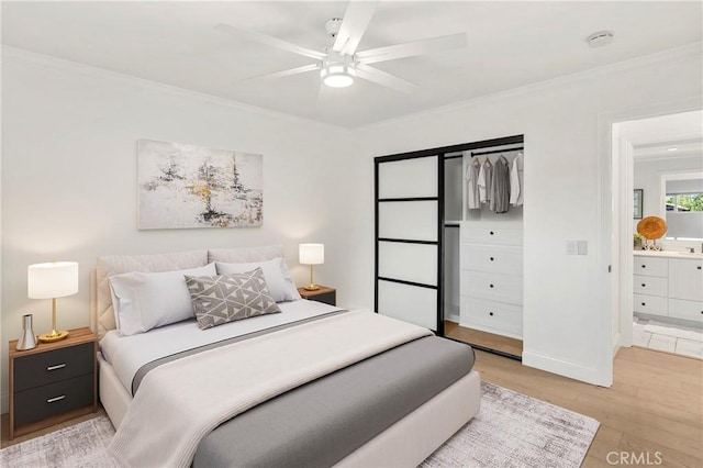 19022 Shamrock Ln, Yorba Linda, CA 92886 - bedroom with light wood-style flooring, ornamental molding, and a ceiling fan