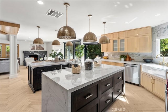 19022 Shamrock Ln, Yorba Linda, CA 92886 - kitchen featuring dishwasher, a kitchen island, light brown cabinetry, tasteful backsplash, and recessed lighting