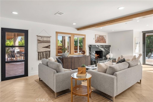 19022 Shamrock Ln, Yorba Linda, CA 92886 - living room featuring recessed lighting, plenty of natural light, a high end fireplace, and beamed ceiling