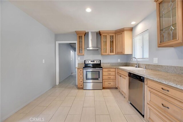28296 Oregon Pl, Menifee, CA 92587 - kitchen with stainless steel appliances, wall chimney range hood, glass insert cabinets, recessed lighting, and light stone countertops