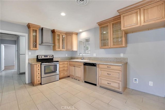 28296 Oregon Pl, Menifee, CA 92587 - kitchen featuring stainless steel appliances, wall chimney range hood, glass insert cabinets, recessed lighting, and light stone countertops