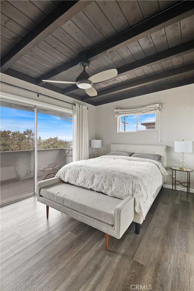 284 Chiquita St, Laguna Beach, CA 92651 - bedroom with access to outside, a wood ceiling with exposed beams, dark wood-type flooring, and ceiling fan