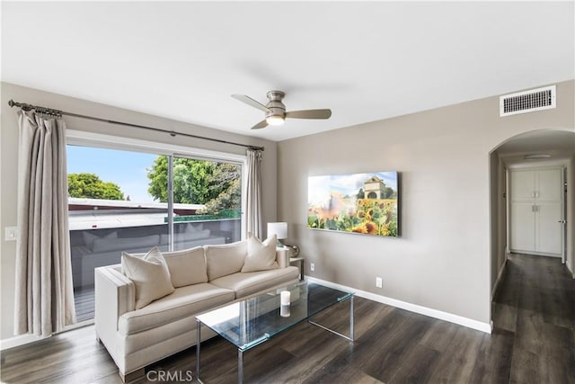 284 Chiquita St, Laguna Beach, CA 92651 - living area with ceiling fan, arched walkways, and dark wood finished floors