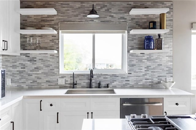 284 Chiquita St, Laguna Beach, CA 92651 - kitchen featuring open shelves, dishwasher, decorative backsplash, and white cabinetry